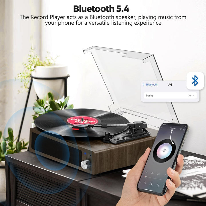 Plattenspieler, FYDEE Vinyl Plattenspieler Bluetooth mit 2 Eingebauten Stereo Lautsprecher, Vintage