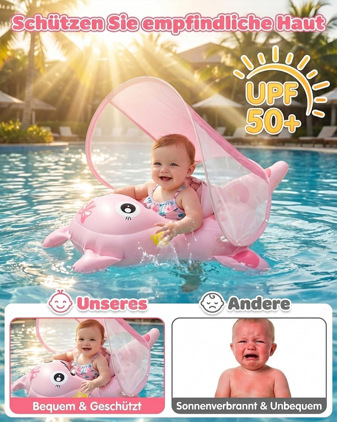 Baby Schwimmring mit UPF50+ Sonnendach Entfernbar, Premium Baby Float, Schwimmhilfe verstellbare Sch