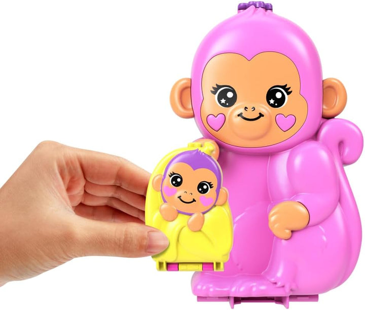 Polly Pocket Puppen & Spielset mit Tieren und 13 Accessoires, 2-in-1 Affenmama und Baby, tragbare Ta