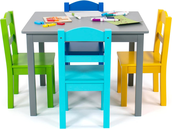 Humble Crew bunter Holztisch für Kinder, Grau/Blau/Grün/Gelb! Mit 4 Stühlen, ideal für Kinderzimmer.