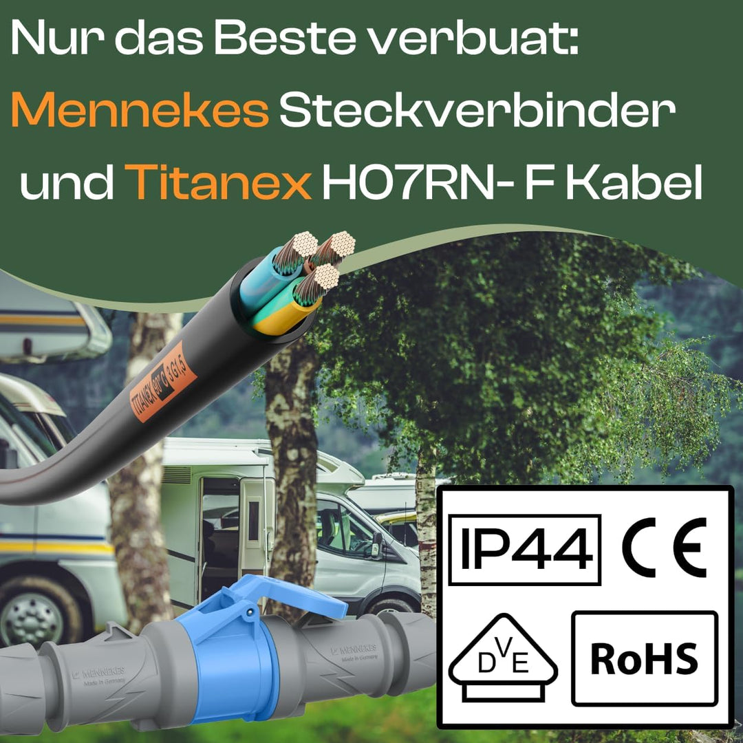 netbote24 Profi CEE Verlängerunskabel Camping Caravan TITANEX Kabel 3x1,5 mm² mit MENNEKES Stecker 1