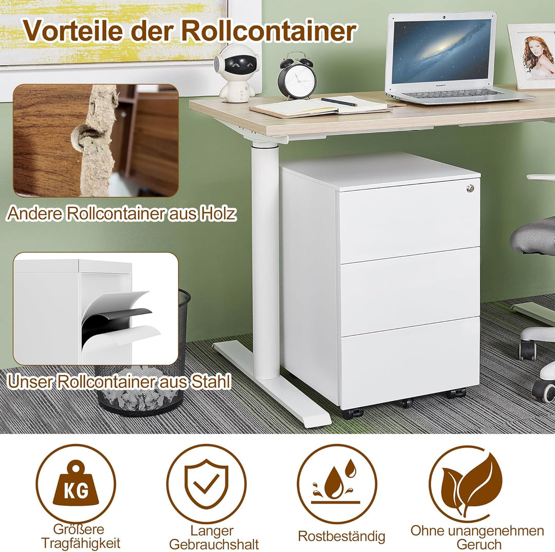 Rollcontainer, Mobiler Aktenschrank mit Schloss, 4 Schlüssel, 3 Schubladen, Metallschrank, Bereits V