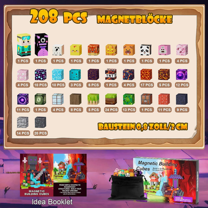 JOMBY Magnetische Bausteine - 208 Teile Magnetbausteine Set, Kreative STEM Spielzeug für Kinder 3+,