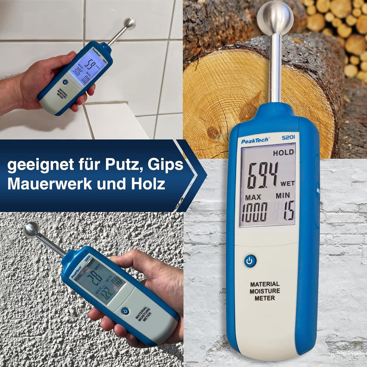 PeakTech 5201 - Profi-Feuchtemessgerät, Indikator für alle Baustoffe, Holz, Wand, Putz, Gips, Mauerw