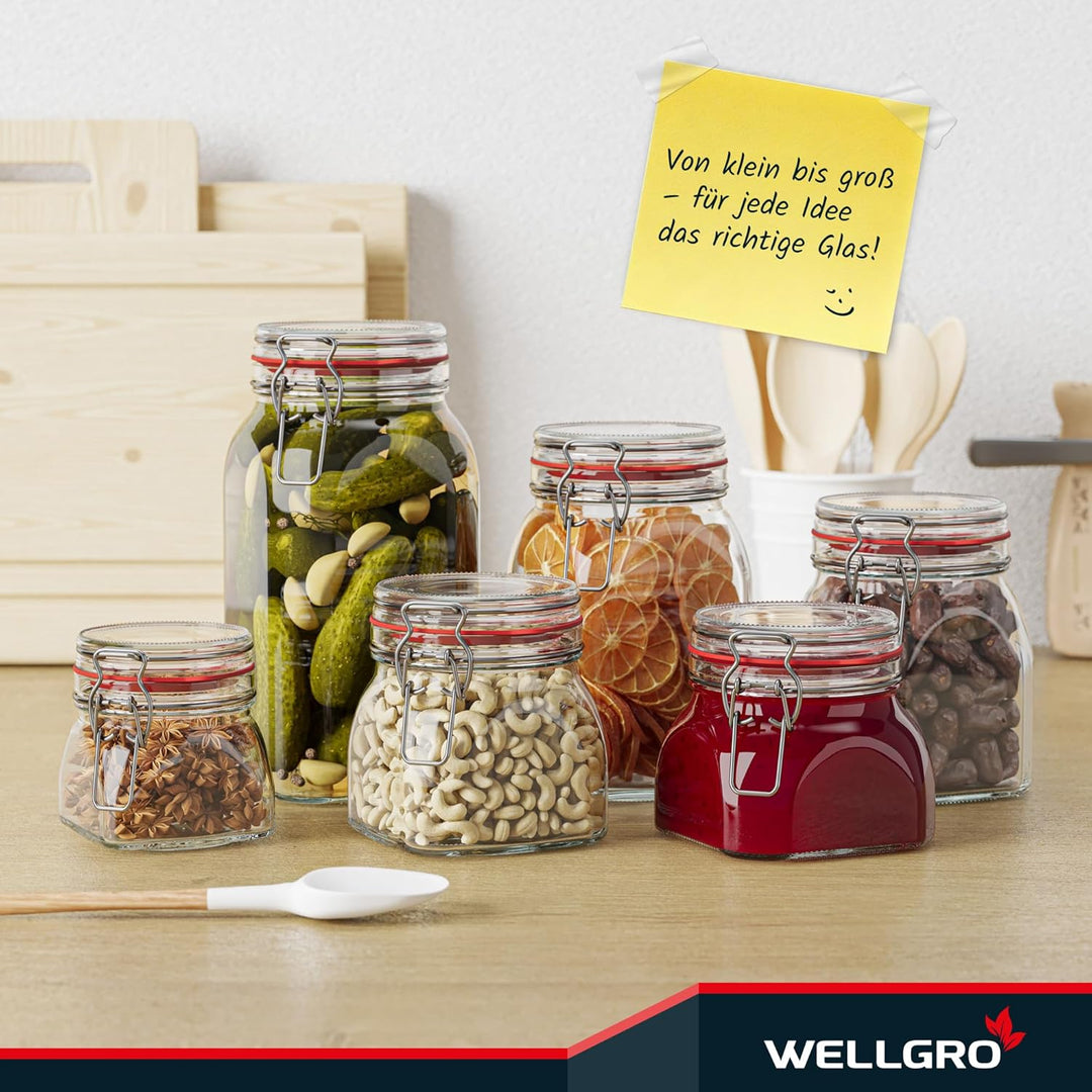 WELLGRO Einmachgläser mit Bügelverschluss eckig, Fermentierglas, Vorratsgläser mit Deckel, Bügelglas