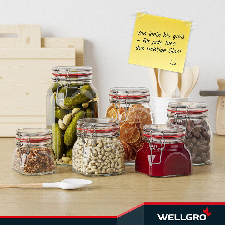 WELLGRO Einmachgläser mit Bügelverschluss eckig, Fermentierglas, Vorratsgläser mit Deckel, Bügelglas