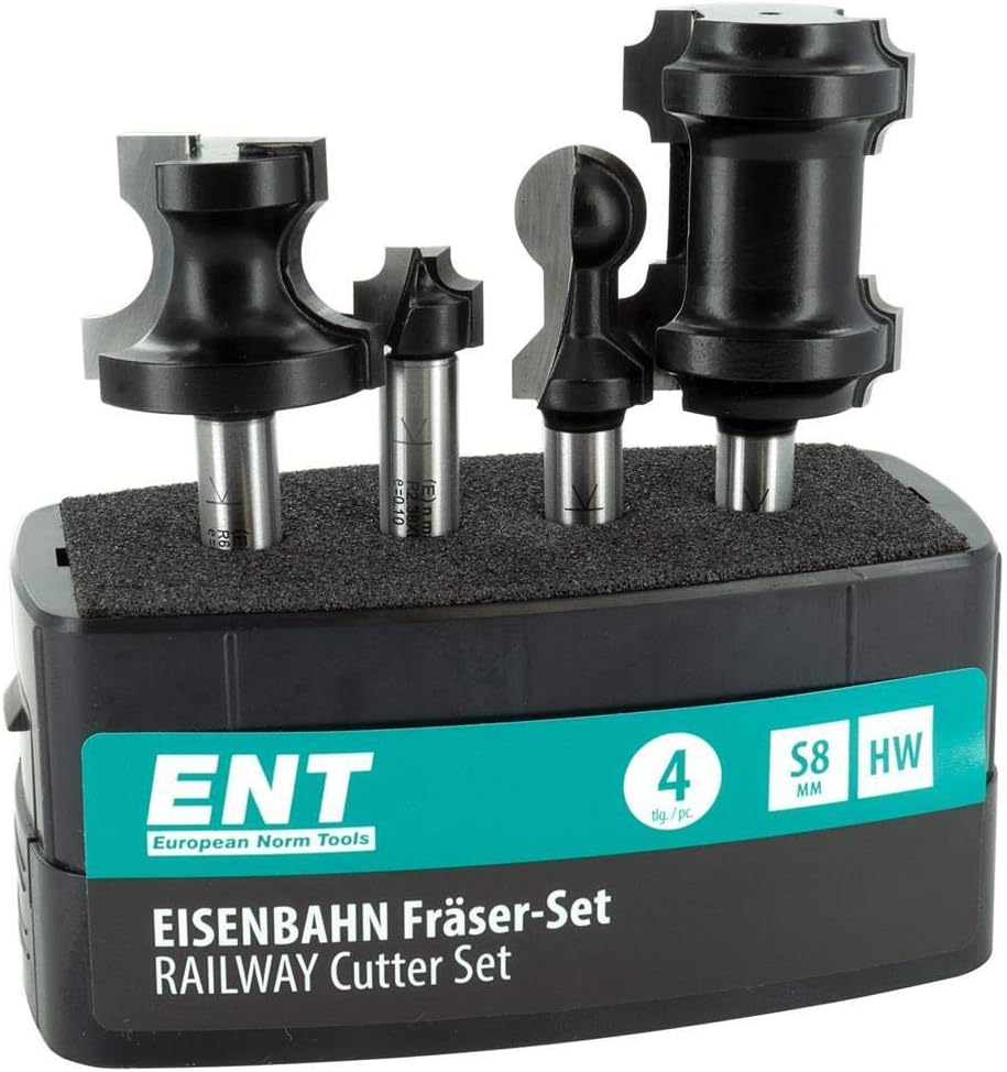 ENT 09050 4-tlg. Eisenbahn-Fräser-Set zum Fräsen von Holzschienen, HW, Schaft (S) 8 mm