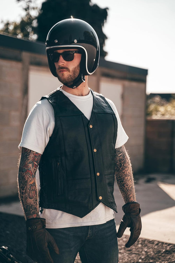 Texpeed motorrad leder weste herren - Chopper biker rocker lederweste - Reissverschlusstaschen mit g