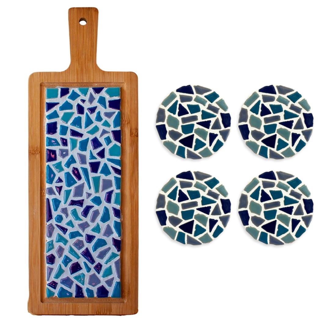 Little Creations - DIY Mosaik Bastelset Erwachsene Blau | 1x Servierplatte & 4x Untersetzter | Kompl