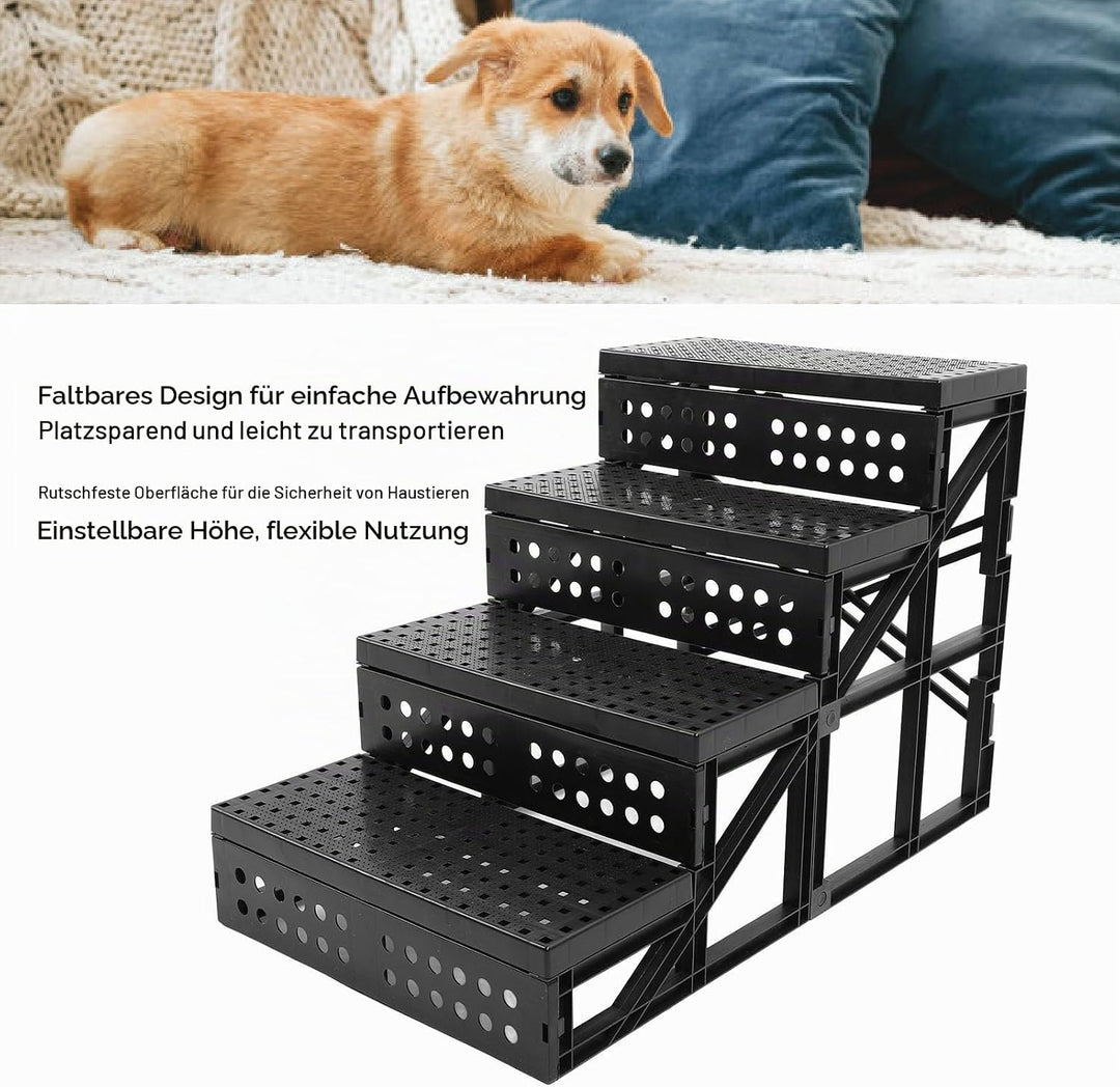 Hundetreppe mit 4 Stufen, Faltbare Hundetreppe für Hochbett und Couch mit Rutschfester Oberfläche un