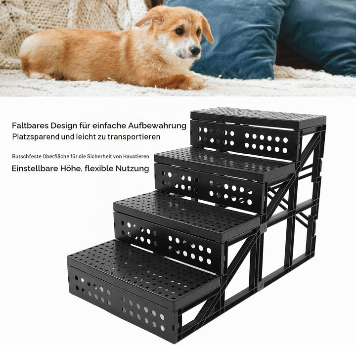 Hundetreppe mit 4 Stufen, Faltbare Hundetreppe für Hochbett und Couch mit Rutschfester Oberfläche un