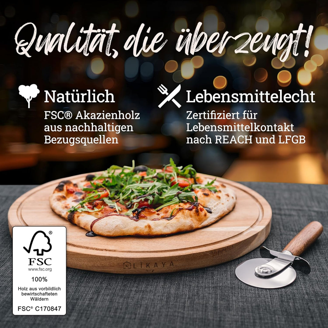 LIKAYA® Pizzabrett/Pizzateller 'MARIO' 2er Set rund mit Pizzaschneider [⌀35cm gross] aus FSC®-zertif