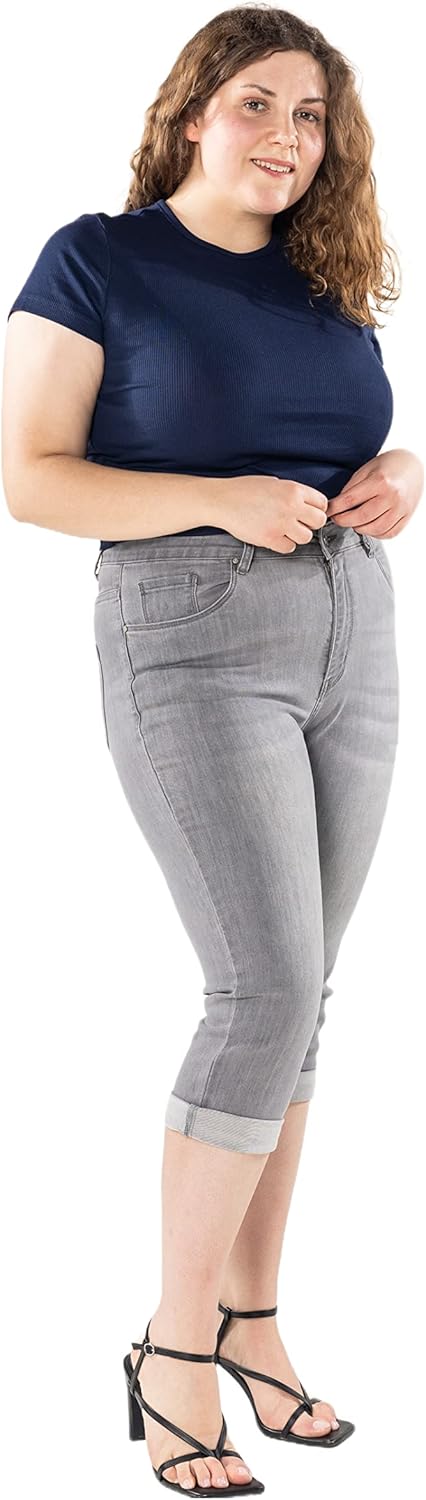P200 Damen Capri Jeanshosen Grosse Grössen HIGH Waist Jeans Sommer Hose Used-Look, 42 Große Gr&