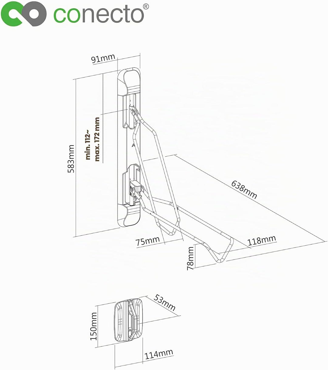 conecto Fahrrad-Wand-Halterung, 2.1 bis 2.8 Zoll Reifenbreite, 60° schwenkbar, 5-stufige Höhenverste