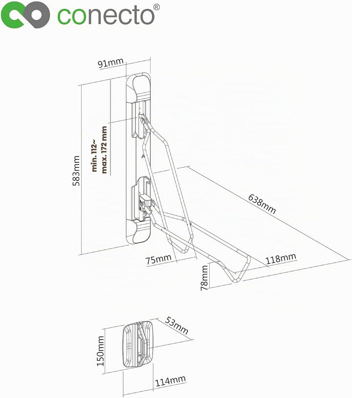 conecto Fahrrad-Wand-Halterung, 2.1 bis 2.8 Zoll Reifenbreite, 60° schwenkbar, 5-stufige Höhenverste