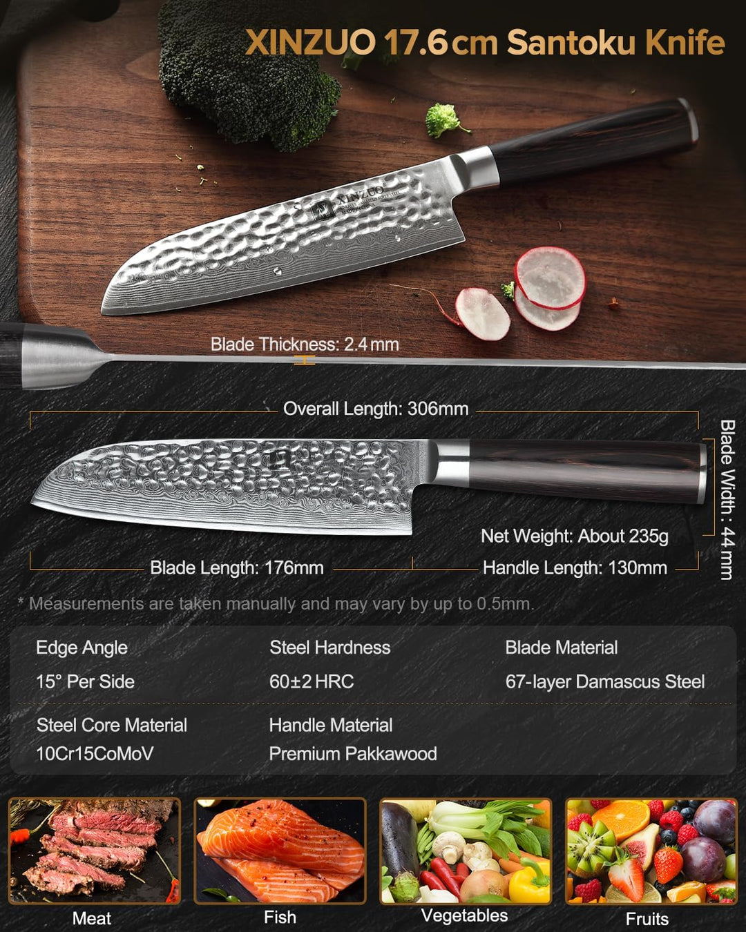XINZUO 17.6cm Damaskus Santokumesser, Profi Damastmesser Kochmesser 67 Schichten Damaststahl Chefmes