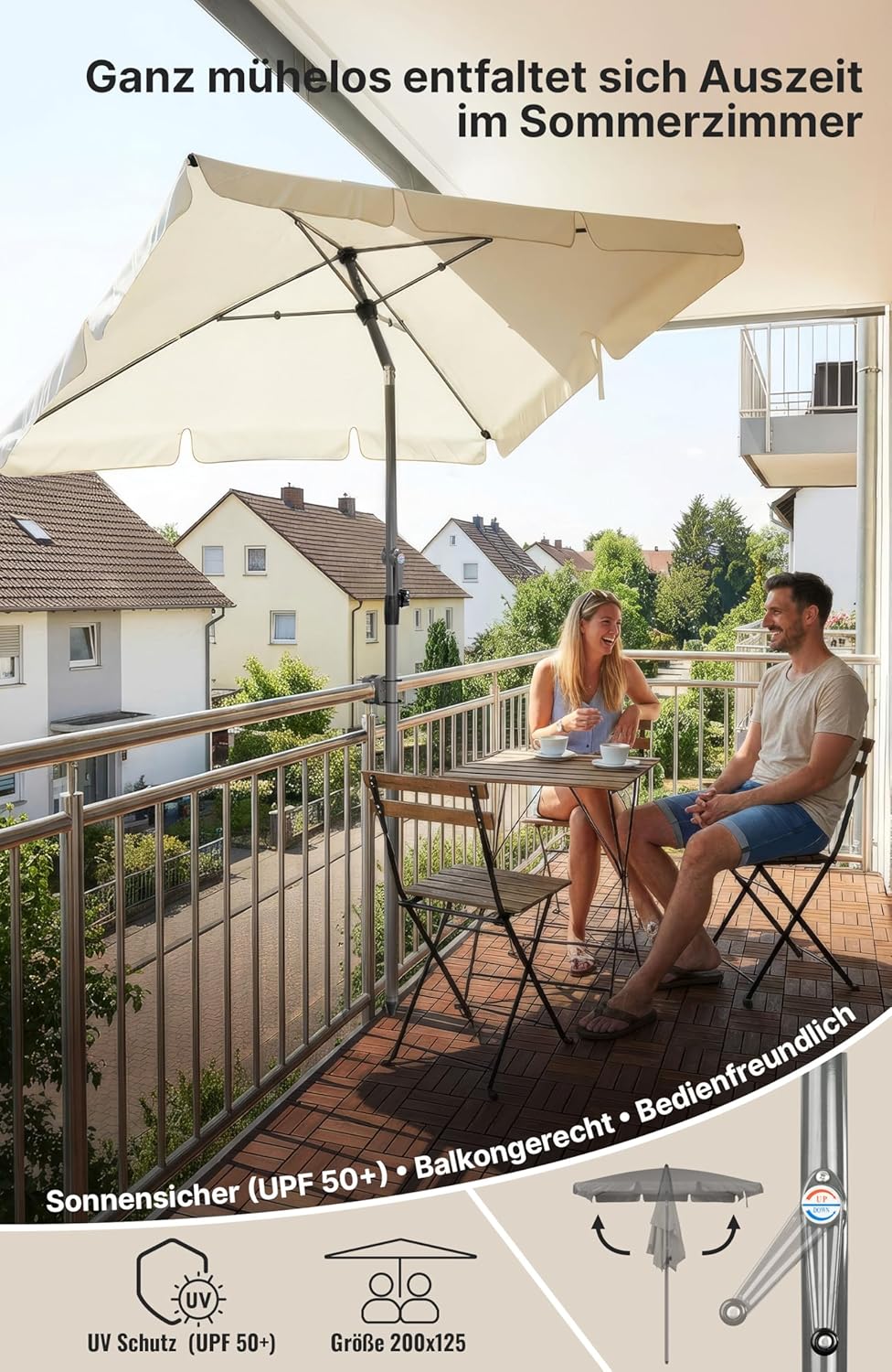 4smile Sonnenschirm Balkon mit Kurbel, Sonnenschirm rechteckig 200x125 cm, Sonnenschutz Balkon mit U