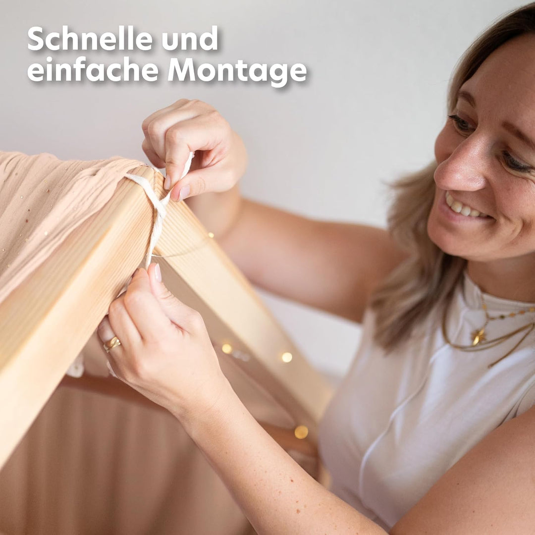 Hausbett Himmel mit Gold Applikation [in 12 Farben] Betthimmel Hausbett aus 100% Baumwolle Musselin