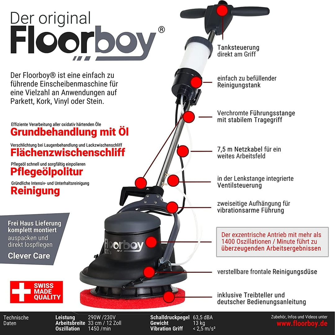 Floorboy® Universalset mit 12 Zoll Einscheiben Reinigungs- und Poliermaschine mit Tank, Pads und Tre