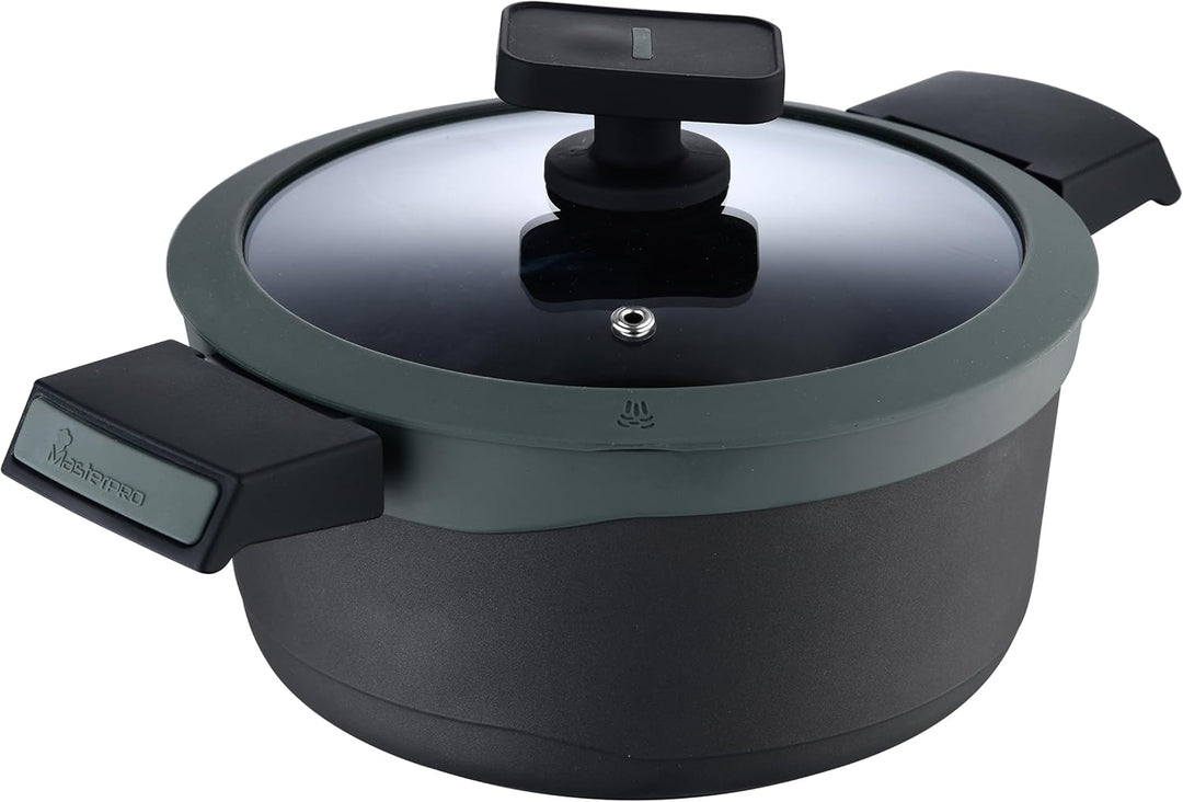 MasterPRO Gastro Reeco | 24 cm und 12 cm Höhe Stieltopf mit Deckel | Heatdot | Recycelter Aluminiumg