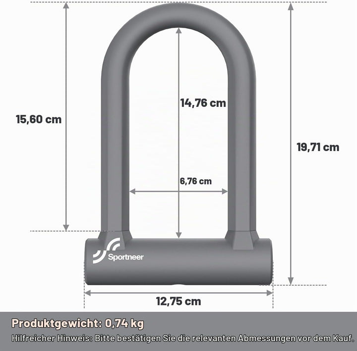 Sportneer Fahrradschloss - 17 mm Bügelschloss Schweres Fahrrad Bügelschloss mit 1,5m Kabel fürs Renn