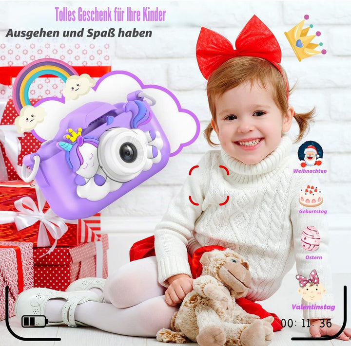HOOMOON Dinosaurier Kamera für Kinder, Selfie-Kamera, Spielzeug, Mädchen, Jungen, SD-Karte 32 GB, HD