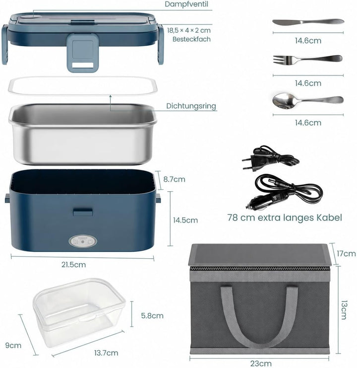 Anykuu Elektrische Lunchbox 100W 1,8L grosse Kapazität Lunchbox elektrisch 3-in-1 12V/24V/220V Wärme
