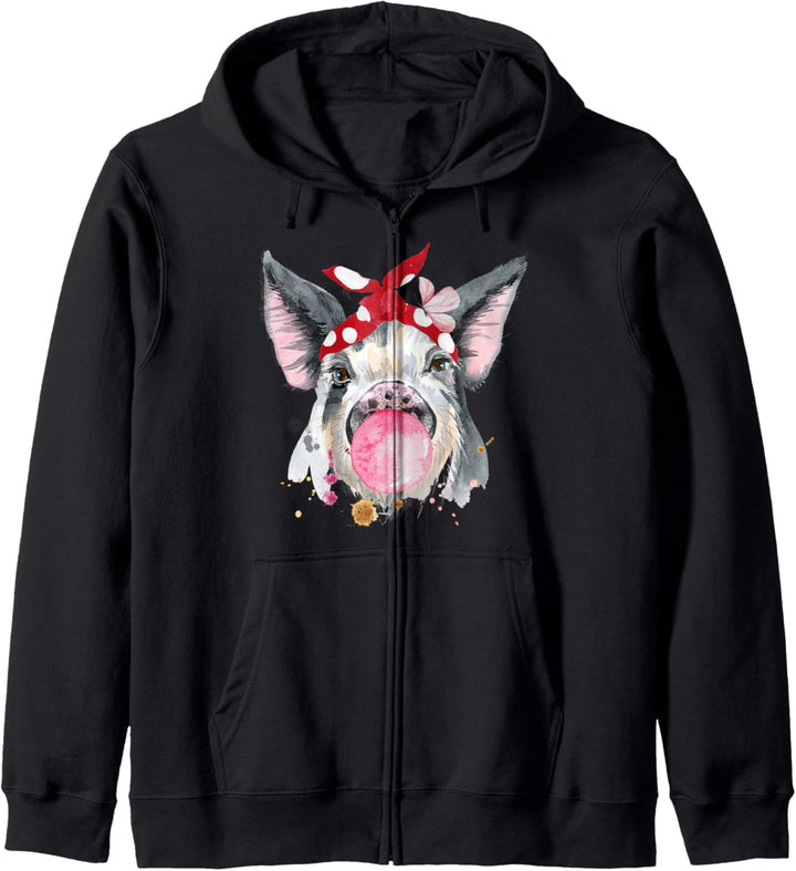 Wasserfarbenes Schwein mit Haarband und Kaugummi Landwirtin Kapuzenjacke