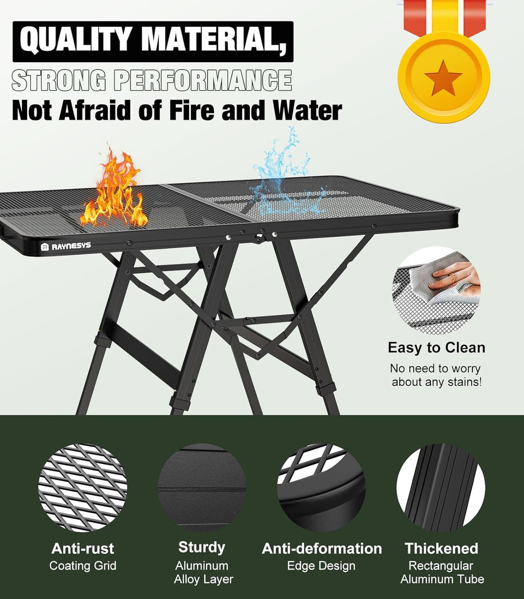 Raynesys Klappbarer Grilltisch mit Mesh-Tischplatte, 3ft Höhenverstellbarer Faltbarer Campingtisch a