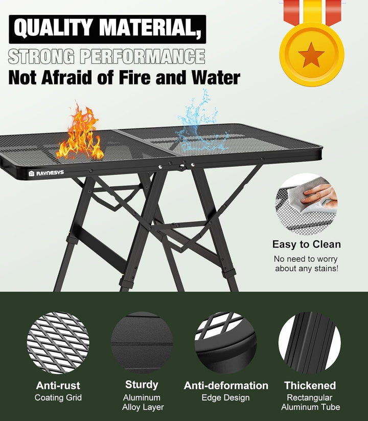 Raynesys Klappbarer Grilltisch mit Mesh-Tischplatte, 3ft Höhenverstellbarer Faltbarer Campingtisch a