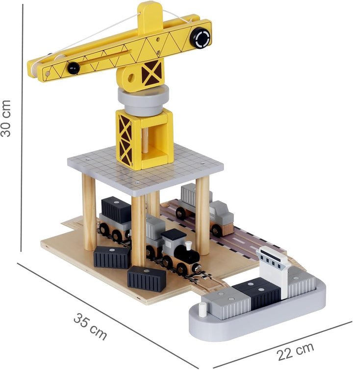 Beweglicher Hafenkran mit Magnetwinde und Zubehör - Holz-Set, 360° Kran, LKW, Wagen, Anhänger, Spiel