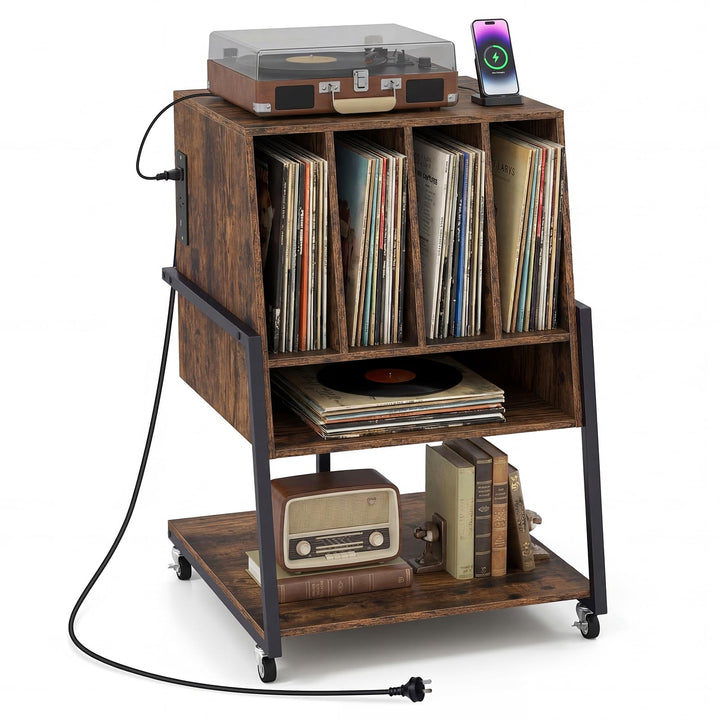 COSTWAY Plattenspielerständer, Vinyl Schallplattentisch mit Ladestation, breite Tischplatte, 4 Trenn