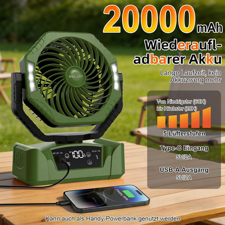 ELZO 20000mAh Camping Ventilator, Wiederaufladbarer Tischventilator USB Ventilator mit LED Licht & H