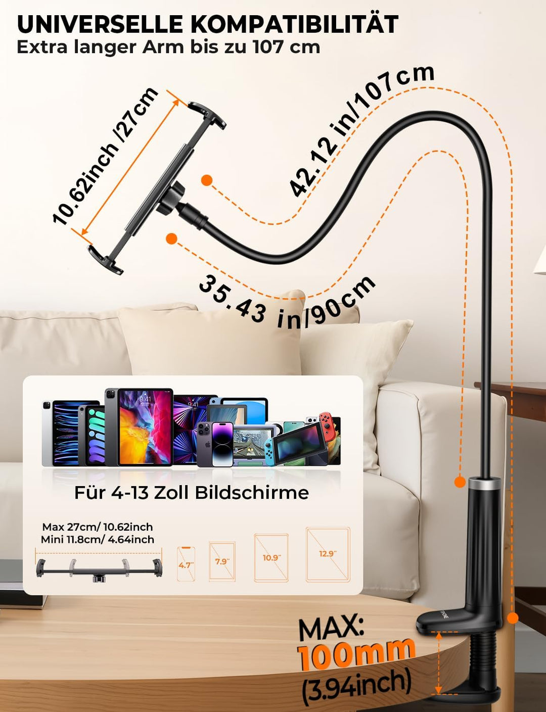 Schwanenhals Tablet & Kindle halterung Bett: 360° Sockel mit Flexibler Lang Arm Ständer eReader Hand