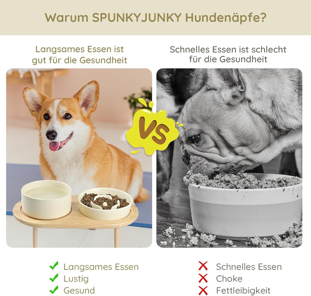 SPUNKYJUNKY Keramik Hundenapf Set Anti Schling Napf mit Bambus Ständer für Katzen und Hunde (Beige)