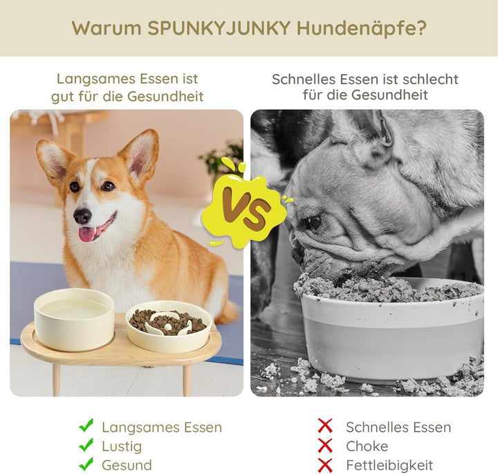 SPUNKYJUNKY Keramik Hundenapf Set Anti Schling Napf mit Bambus Ständer für Katzen und Hunde (Beige)