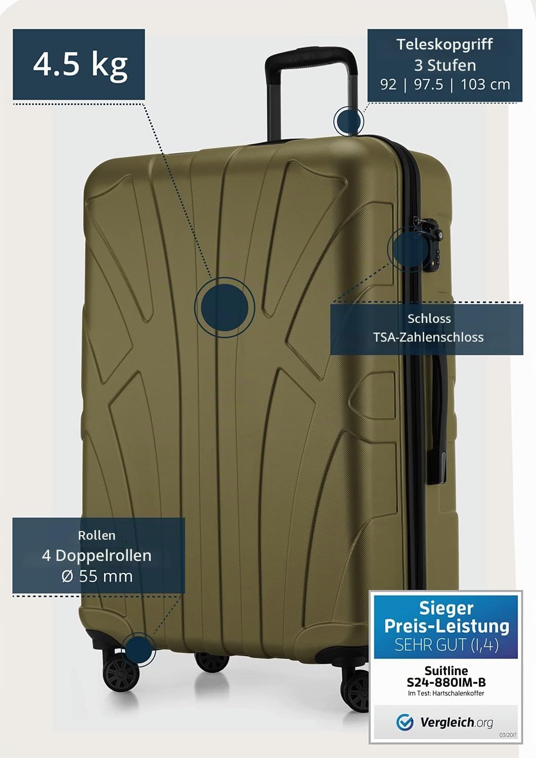 suitline grosser Hartschalen-Koffer Koffer Trolley Rollkoffer XL Reisekoffer, TSA, 76 cm, ca. 96-110
