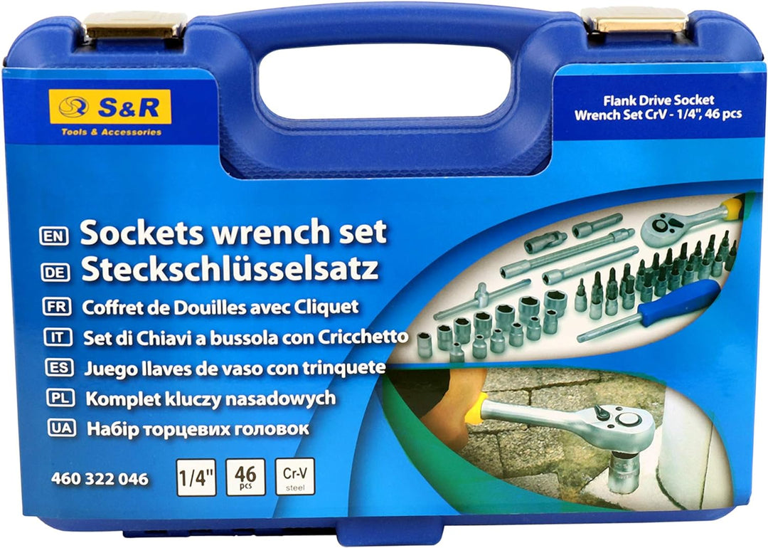 S&amp;R Steckschlüsselsatz 46-teilig 1/4" Ratschenkasten aus CHROM-VANADIUM STAHL Bit-Einsatz mit LOCK-D