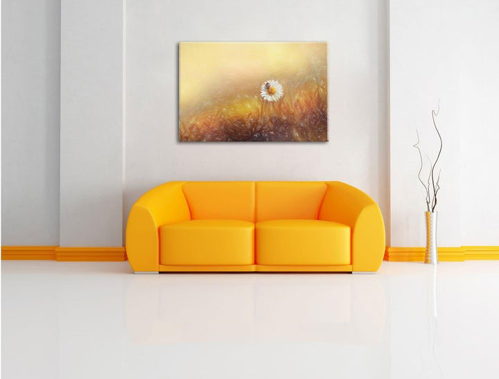 Pixxprint Gänseblümchen Marienkäfer / 100x70cm Leinwandbild bespannt auf Holzrahmen/Wandbild Kunstdr
