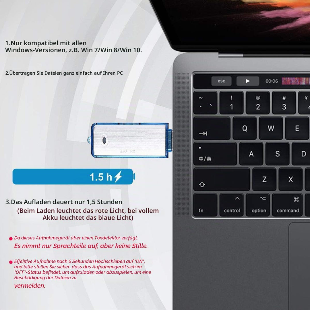 Lychee Digitales Diktiergerät Aufnahmegerät Mini Sprachrekorder 8GB - 90 Stunden Wiederaufladbare Tr