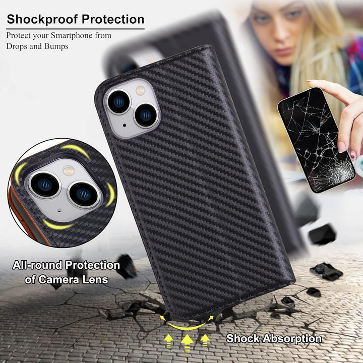 VISOUL iPhone 14 Plus Hülle, Handyhülle [100% Carbon Leder] [RFID Schutz] [Schützt vor Stoss] [Stand