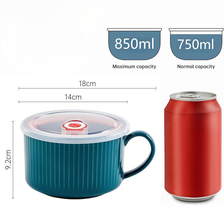 Keramik Suppenschalen mit Griff und Deckel, 750 ml Grosse Suppentasse für Suppe, Instant-Nudel, Müsl