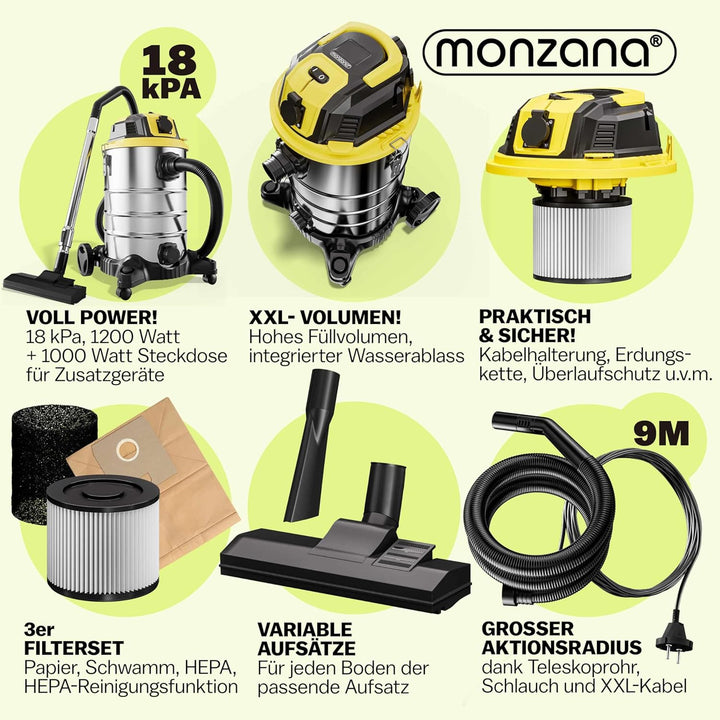 Monzana® Nass Trockensauger 30L 1200W + 1000W Steckdose GS-Zertifiziert 9m Bewegungsradius Blasfunkt