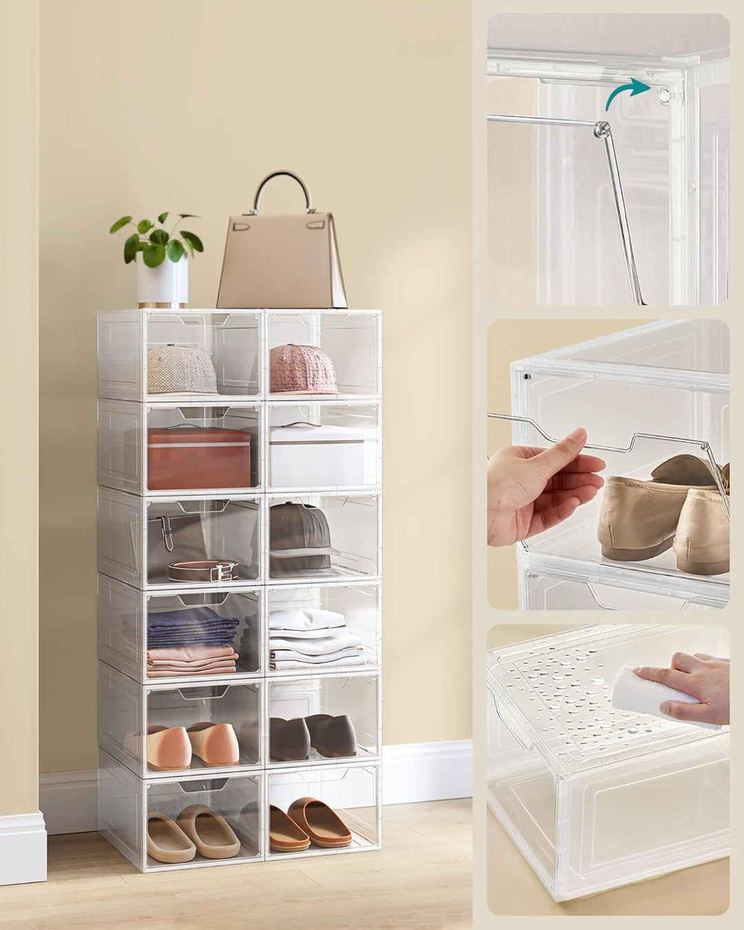 SONGMICS Schuhboxen, Schuh-Organizer aus Kunststoff, mit Tür, durchsichtig, Kunststoffboxen, 12er Se