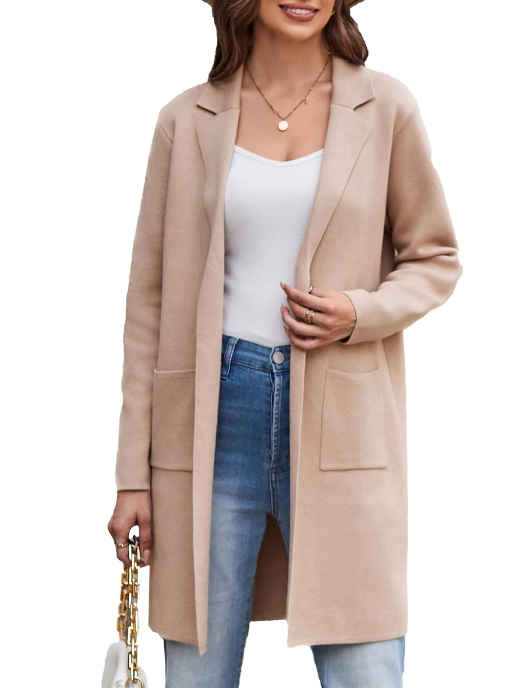 GRACE KARIN Damen Offene Lang Strickmantal Mittellang Anzug-Stil Revers Casual Strickjacke Pullover