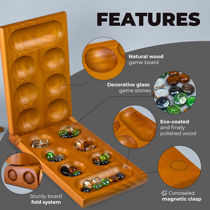 Mancala-Brettspiel mit Magnetverschluss – Klassisches Faltspiel für 2 Spieler – Mancala-Set aus Holz