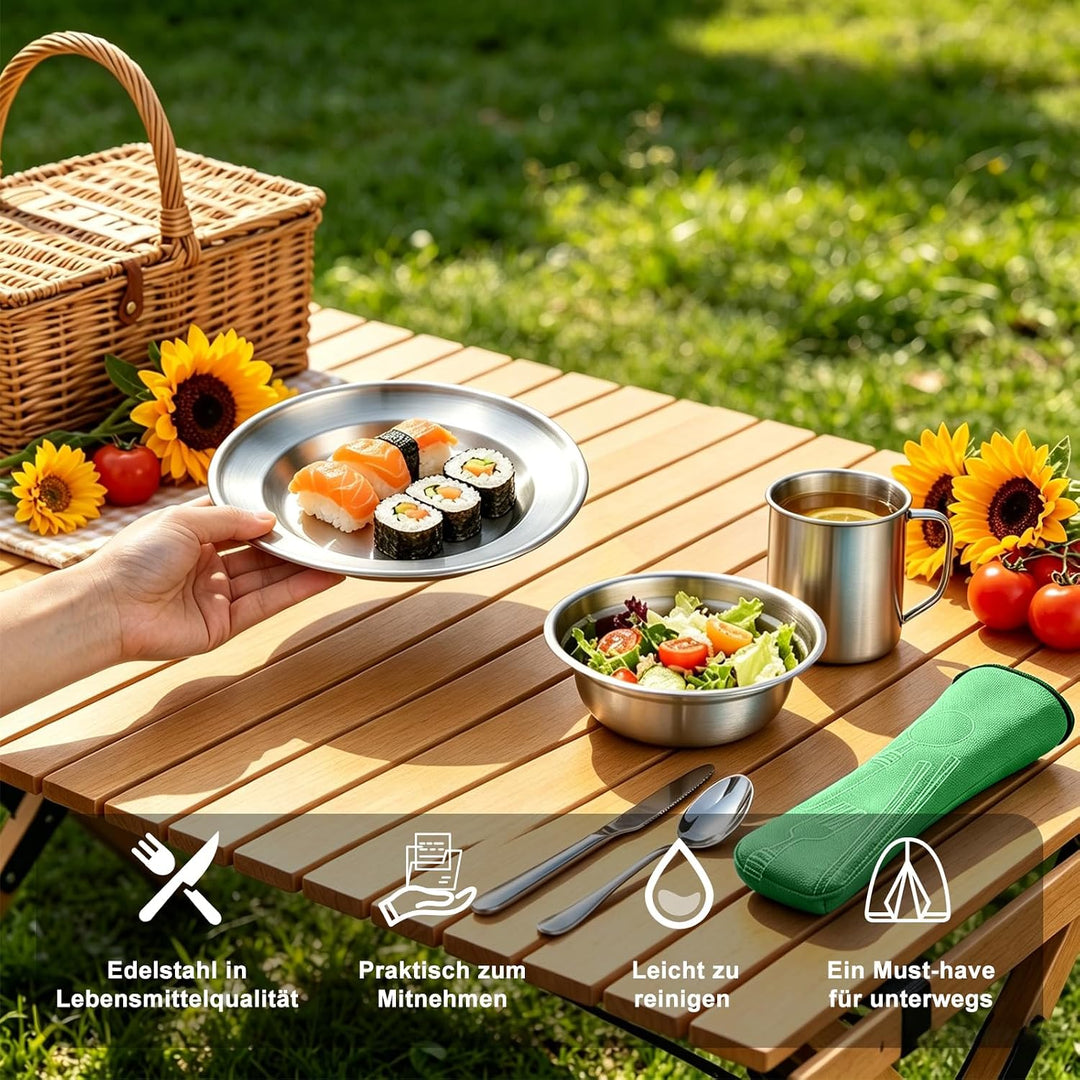 Campingbesteck Set 1 Person, Camping Geschirr Set Edelstahl mit Schalen Teller Tassen Gabeln Löffel