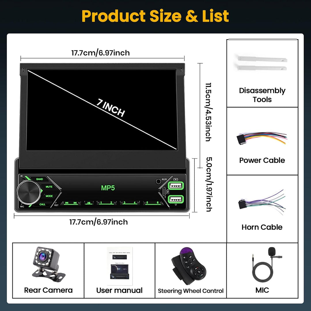 Hikity 1 Din Autoradio mit 7” IPS Manuell Einziehbarer Touchscreen Wired Mirror Link FM Radio mit 2U