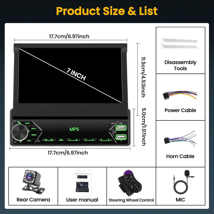 Hikity 1 Din Autoradio mit 7” IPS Manuell Einziehbarer Touchscreen Wired Mirror Link FM Radio mit 2U