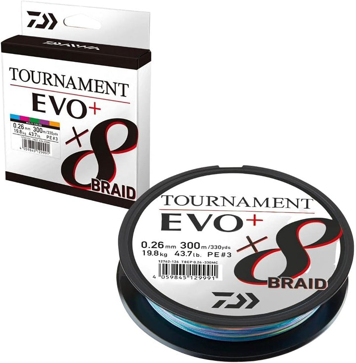 Daiwa Tournament x8 Braid EVO+, 300m, Mehrfarbig, Geflochtene Angelschnur 300m/0.12mm, 300m/0.12mm